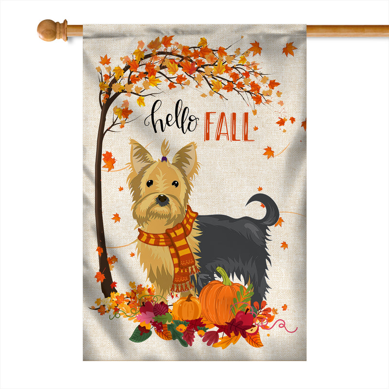 Hello Fall Yorkie Dog Flag Maple Leaves Orange Pumpkin Autumn House Flag mockup 1 800x.jpg