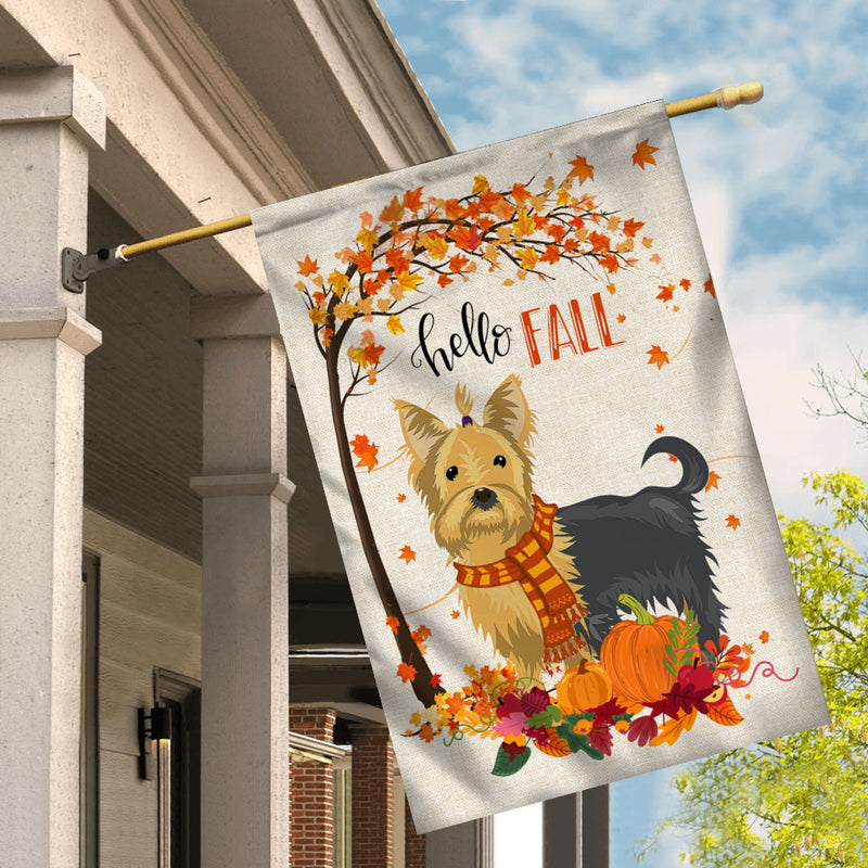 Hello Fall Yorkie Dog Flag Maple Leaves Orange Pumpkin Autumn House Flag mockup 2 800x.jpg