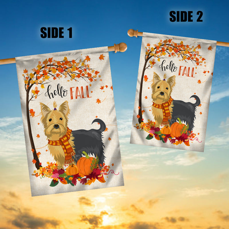 Hello Fall Yorkie Dog Flag Maple Leaves Orange Pumpkin Autumn House Flag mockup 3 800x.jpg