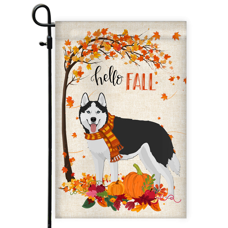 Hello Fall Siberian Husky Dog Flag Maple Leaves Orange Pumpkin Autumn Garden Flag mockup 1 800x.jpg