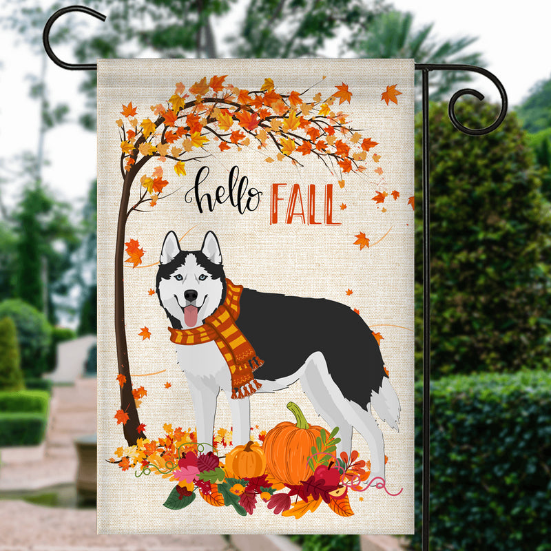 Hello Fall Siberian Husky Dog Flag Maple Leaves Orange Pumpkin Autumn Garden Flag mockup 3 800x.jpg