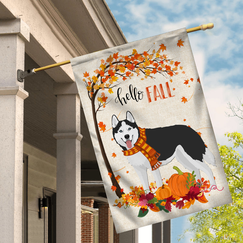 Hello Fall Siberian Husky Dog Flag Maple Leaves Orange Pumpkin Autumn House Flag mockup 2 800x.jpg