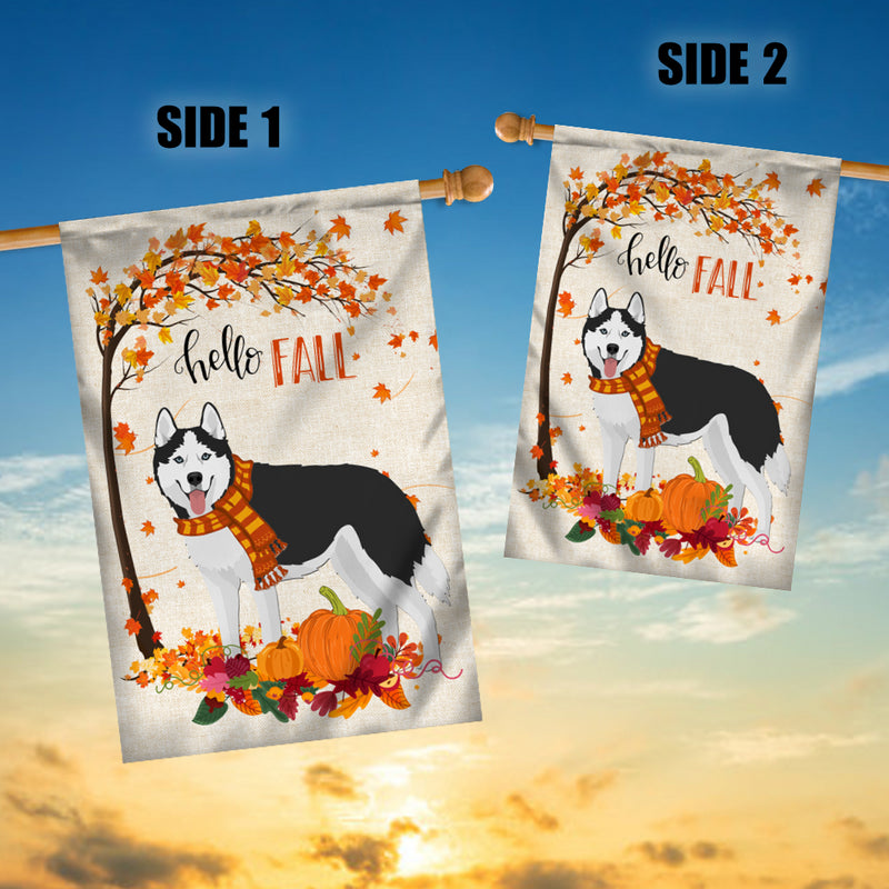 Hello Fall Siberian Husky Dog Flag Maple Leaves Orange Pumpkin Autumn House Flag mockup 3 800x.jpg