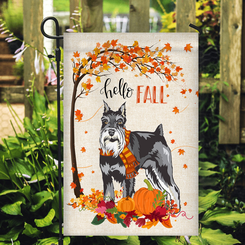 Hello Fall Schnauzer Dog Flag Maple Leaves Orange Pumpkin Autumn Garden Flag mockup 2 800x.jpg