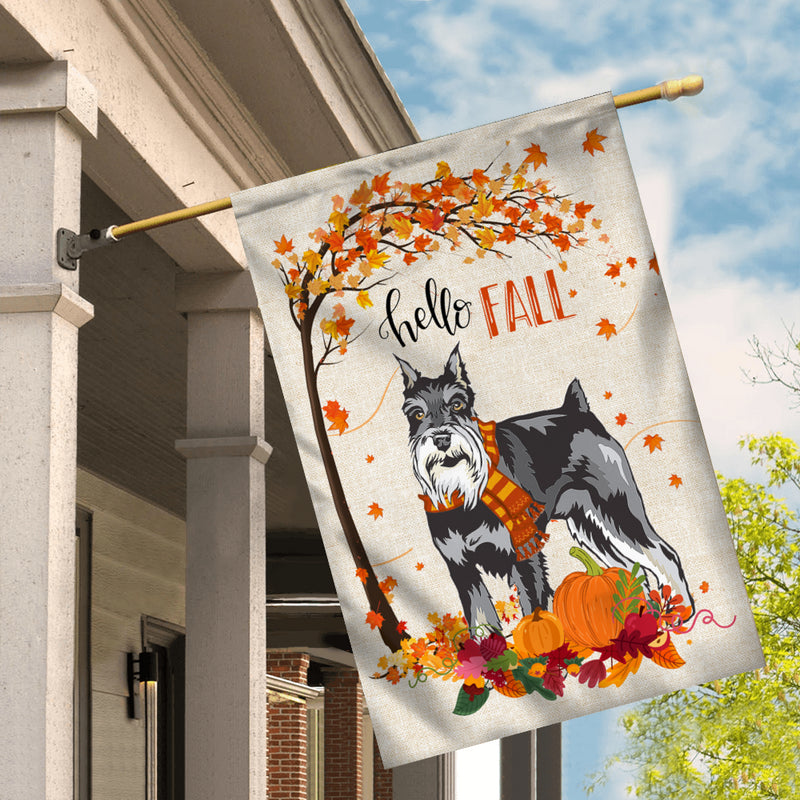 Hello Fall Schnauzer Dog Flag Maple Leaves Orange Pumpkin Autumn House Flag mockup 2 800x.jpg