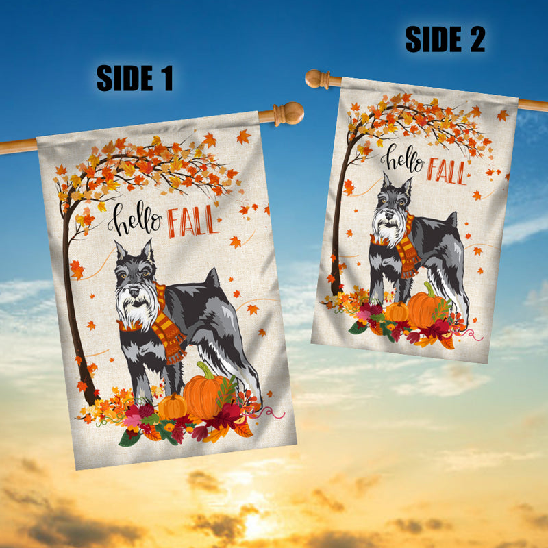 Hello Fall Schnauzer Dog Flag Maple Leaves Orange Pumpkin Autumn House Flag mockup 3 800x.jpg