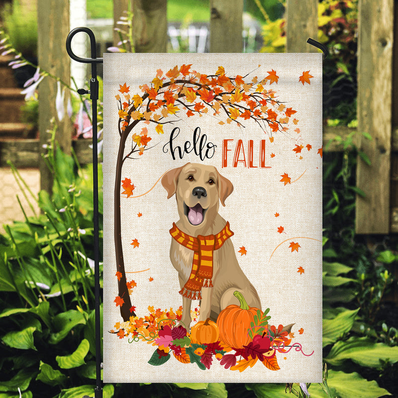 Hello Fall Labrador Dog Flag Maple Leaves Orange Pumpkin Autumn Garden Flag mockup 2 800x.jpg