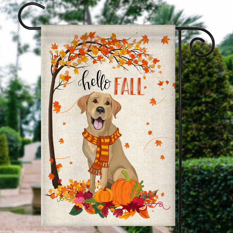 Hello Fall Labrador Dog Flag Maple Leaves Orange Pumpkin Autumn Garden Flag mockup 3 800x.jpg