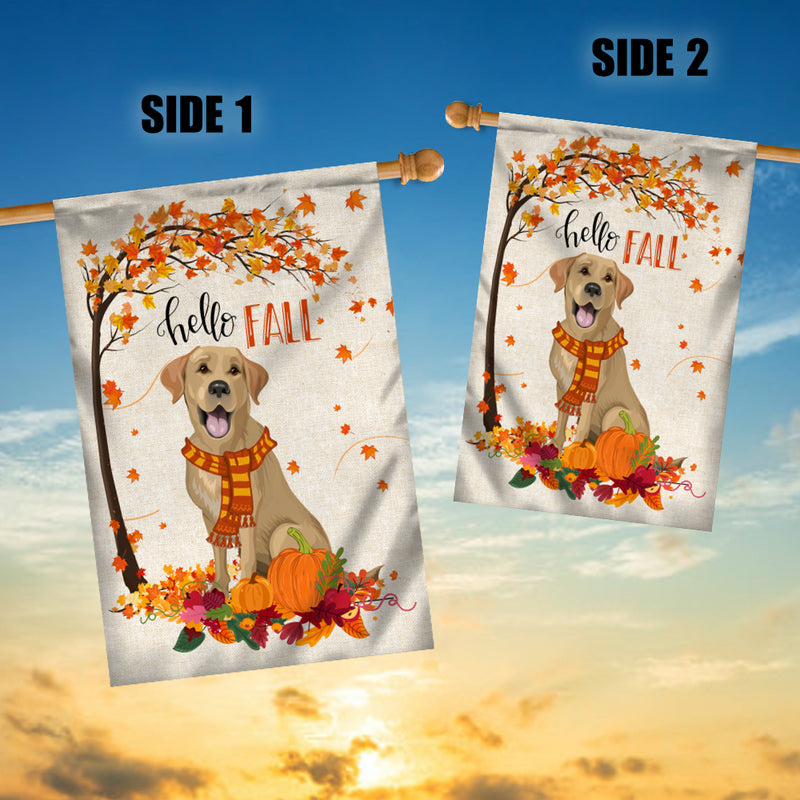 Hello Fall Labrador Dog Flag Maple Leaves Orange Pumpkin Autumn House Flag mockup 3 800x.jpg