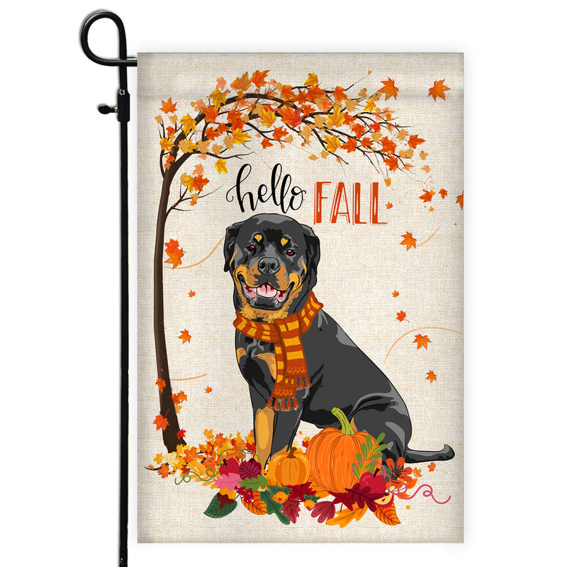Hello Fall Rottweiler Dog Flag Maple Leaves Orange Pumpkin Autumn Garden Flag mockup 1 800x.jpg