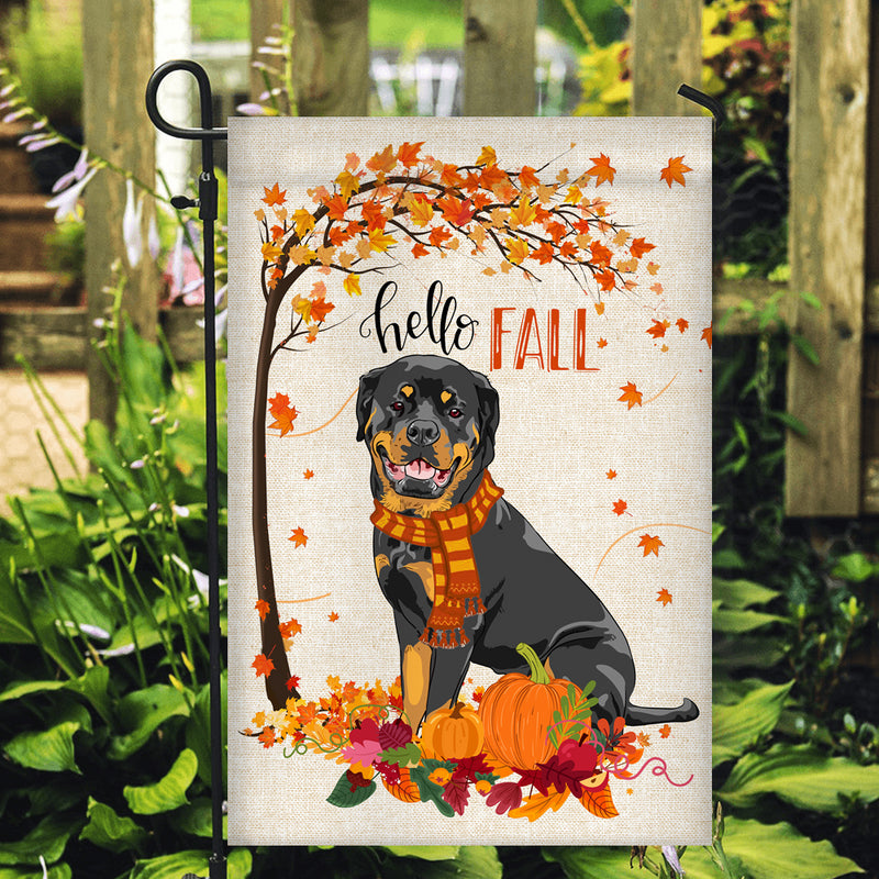 Hello Fall Rottweiler Dog Flag Maple Leaves Orange Pumpkin Autumn Garden Flag mockup 2 800x.jpg