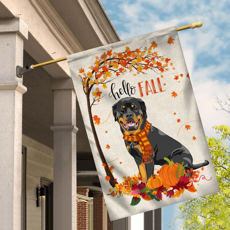 Hello Fall Rottweiler Dog Flag Maple Leaves Orange Pumpkin Autumn House Flag mockup 2 800x.jpg