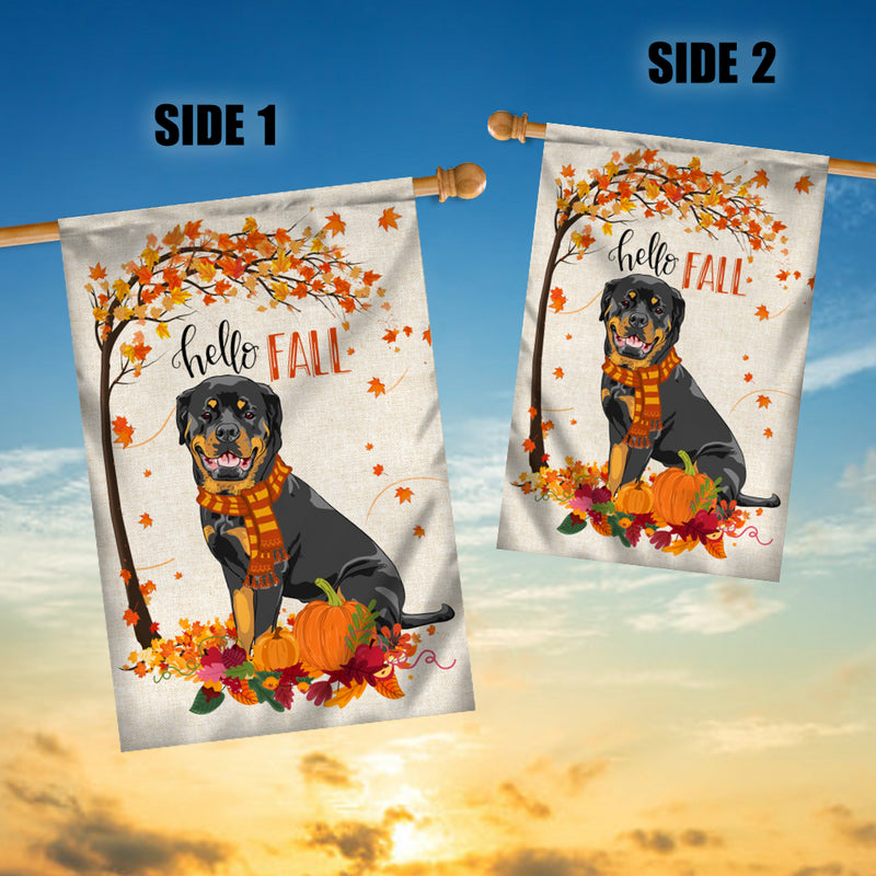 Hello Fall Rottweiler Dog Flag Maple Leaves Orange Pumpkin Autumn House Flag mockup 3 800x.jpg