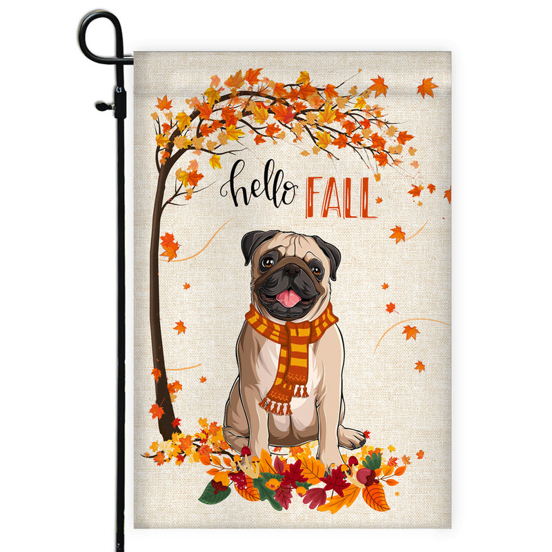 Hello Fall Pug Dog Flag Maple Leaves Orange Pumpkin Autumn Garden Flag mockup 1 800x.jpg