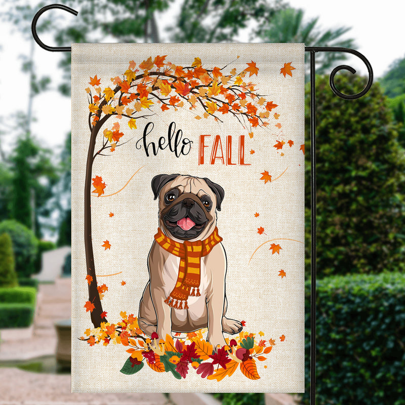 Hello Fall Pug Dog Flag Maple Leaves Orange Pumpkin Autumn Garden Flag mockup 3 800x.jpg