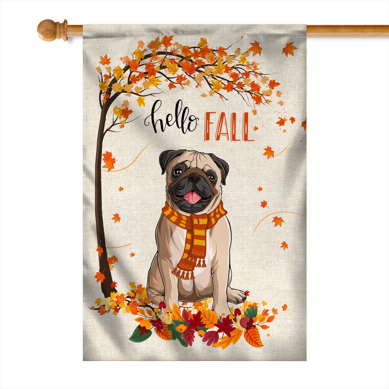 Hello Fall Pug Dog Flag Maple Leaves Orange Pumpkin Autumn House Flag mockup 1 800x.jpg