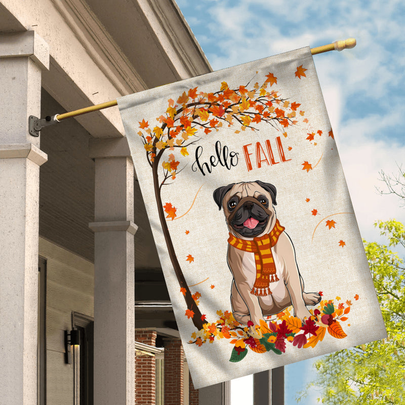 Hello Fall Pug Dog Flag Maple Leaves Orange Pumpkin Autumn House Flag mockup 2 800x.jpg