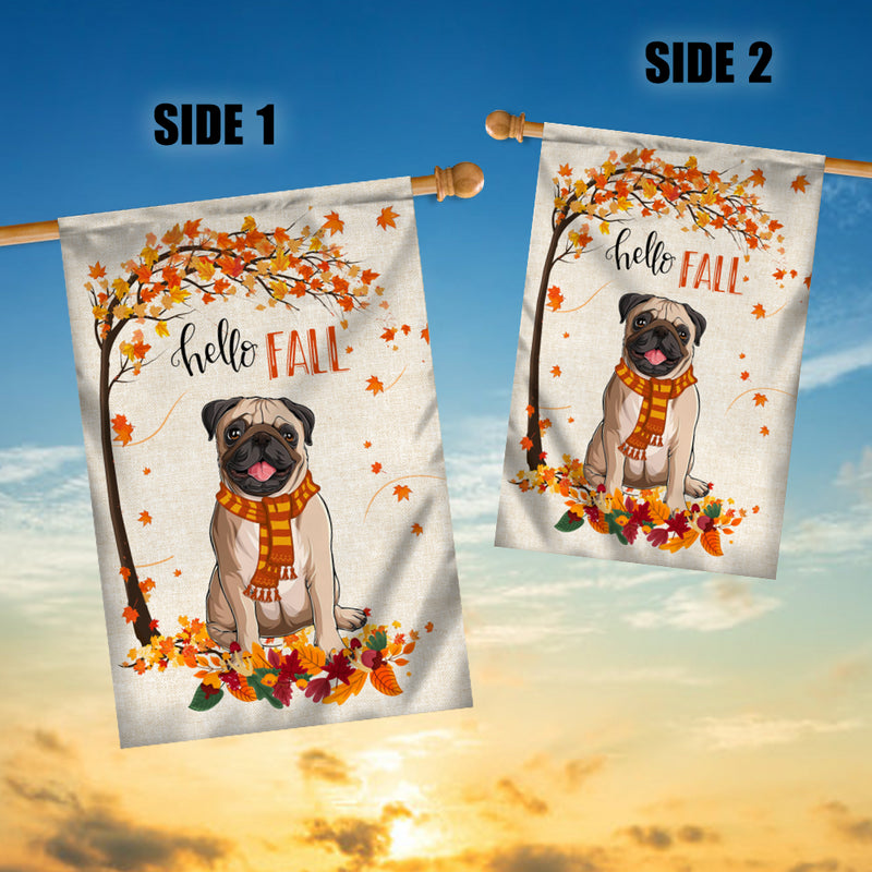 Hello Fall Pug Dog Flag Maple Leaves Orange Pumpkin Autumn House Flag mockup 3 800x.jpg