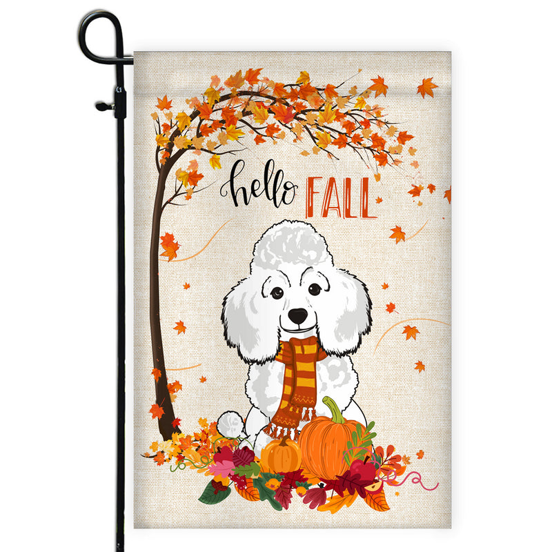 Hello Fall Poodle Dog Flag Maple Leaves Orange Pumpkin Autumn Garden Flag mockup 1 800x.jpg