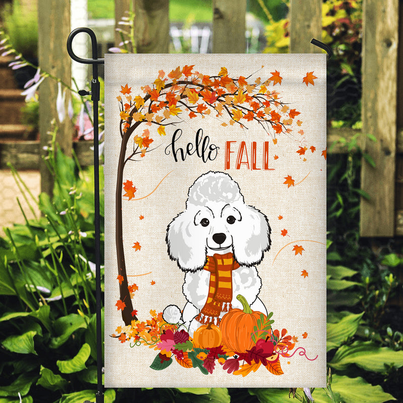 Hello Fall Poodle Dog Flag Maple Leaves Orange Pumpkin Autumn Garden Flag mockup 2 800x.jpg