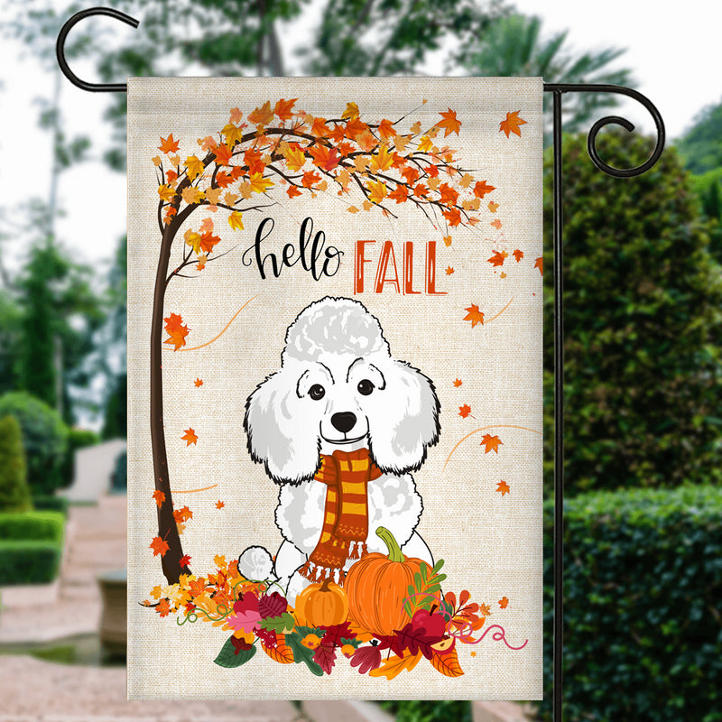 Hello Fall Poodle Dog Flag Maple Leaves Orange Pumpkin Autumn Garden Flag mockup 3 800x.jpg