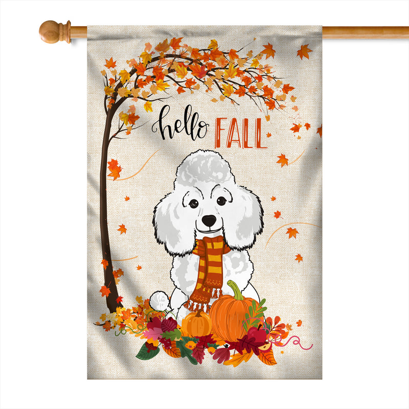 Hello Fall Poodle Dog Flag Maple Leaves Orange Pumpkin Autumn House Flag mockup 1 800x.jpg