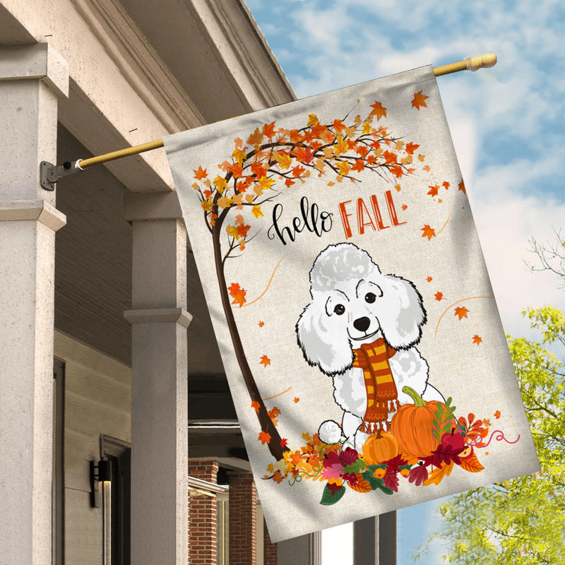 Hello Fall Poodle Dog Flag Maple Leaves Orange Pumpkin Autumn House Flag mockup 2 800x.jpg