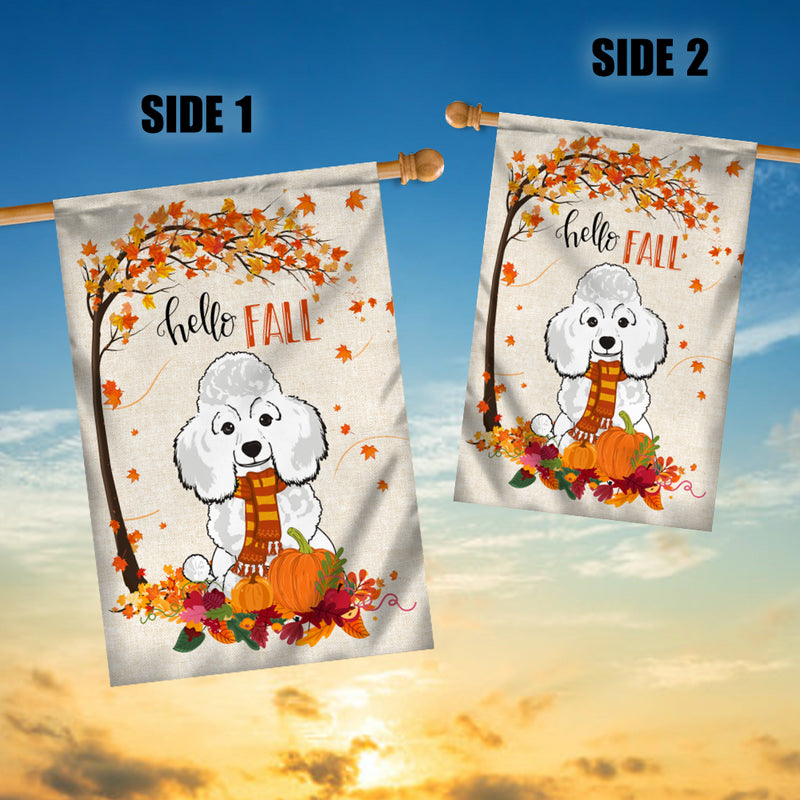 Hello Fall Poodle Dog Flag Maple Leaves Orange Pumpkin Autumn House Flag mockup 3 800x.jpg