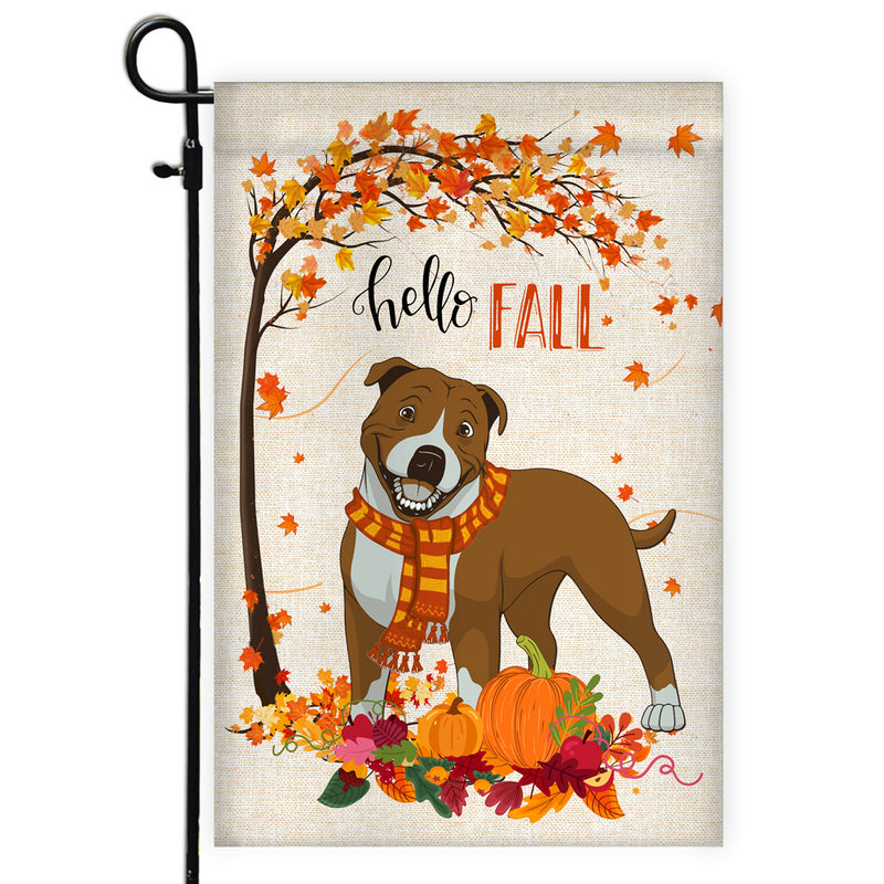 Hello Fall Pitbull Dog Flag Maple Leaves Orange Pumpkin Autumn Garden Flag mockup 1 800x.jpg