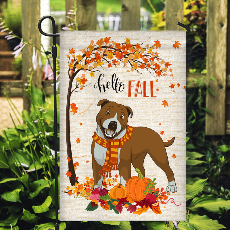 Hello Fall Pitbull Dog Flag Maple Leaves Orange Pumpkin Autumn Garden Flag mockup 2 800x.jpg