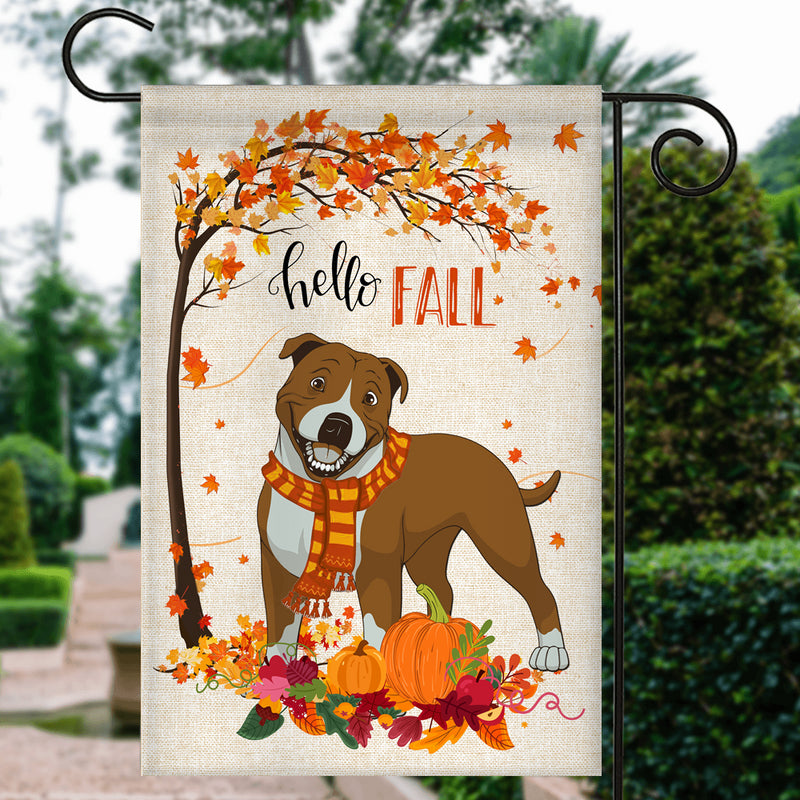 Hello Fall Pitbull Dog Flag Maple Leaves Orange Pumpkin Autumn Garden Flag mockup 3 800x.jpg