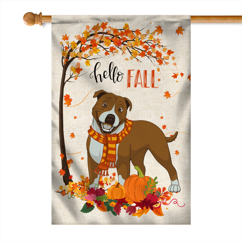 Hello Fall Pitbull Dog Flag Maple Leaves Orange Pumpkin Autumn House Flag mockup 1 800x.jpg