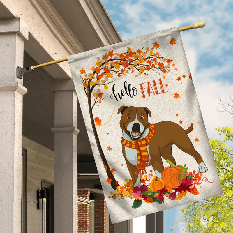 Hello Fall Pitbull Dog Flag Maple Leaves Orange Pumpkin Autumn House Flag mockup 2 800x.jpg