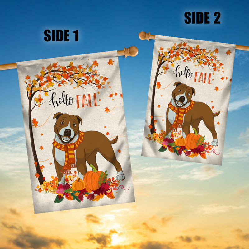 Hello Fall Pitbull Dog Flag Maple Leaves Orange Pumpkin Autumn House Flag mockup 3 800x.jpg
