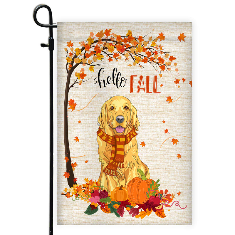 Hello Fall Golden Retriever Dog Flag Maple Leaves Orange Pumpkin Autumn Garden Flag mockup 1 800x.jpg