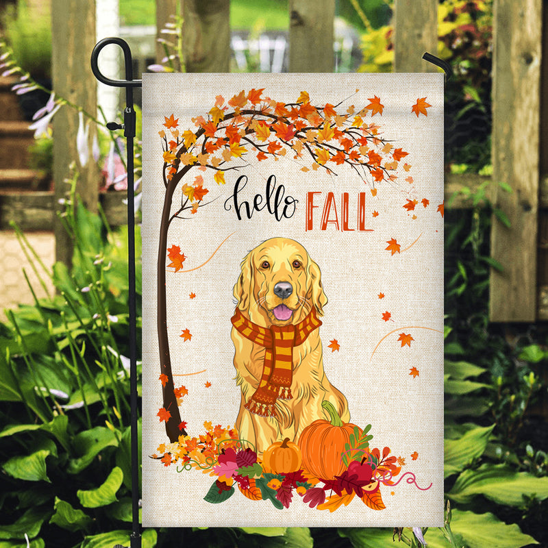Hello Fall Golden Retriever Dog Flag Maple Leaves Orange Pumpkin Autumn Garden Flag mockup 2 800x.jpg