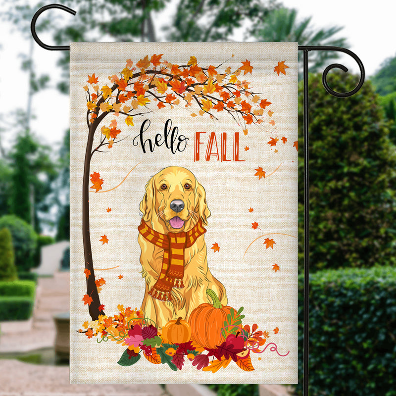 Hello Fall Golden Retriever Dog Flag Maple Leaves Orange Pumpkin Autumn Garden Flag mockup 3 800x.jpg