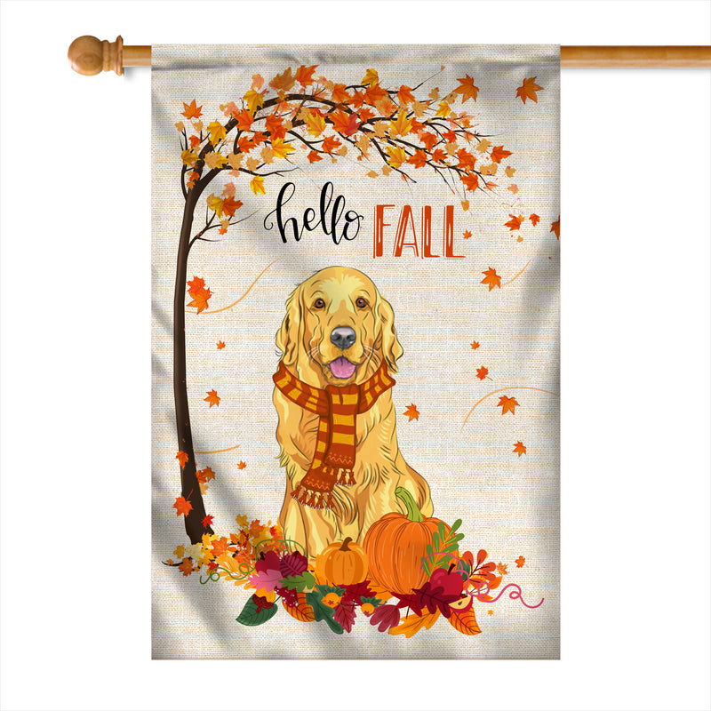 Hello Fall Golden Retriever Dog Flag Maple Leaves Orange Pumpkin Autumn House Flag mockup 1 800x.jpg