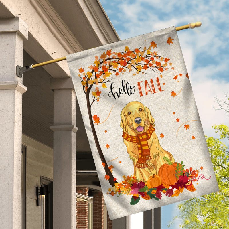 Hello Fall Golden Retriever Dog Flag Maple Leaves Orange Pumpkin Autumn House Flag mockup 2 800x.jpg