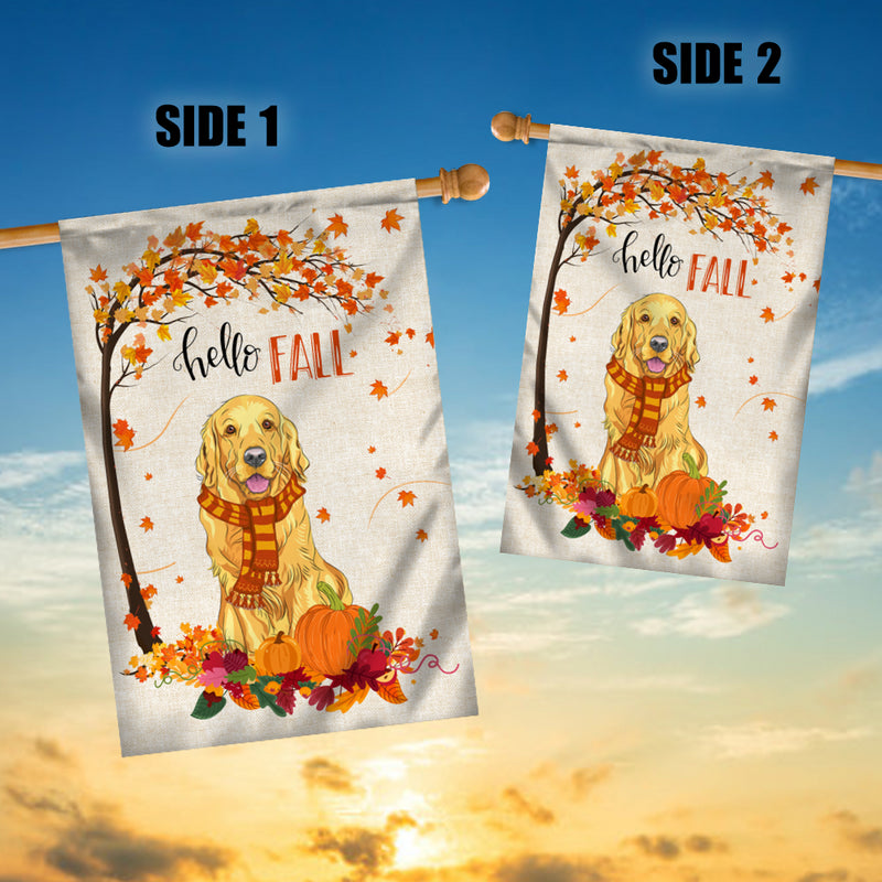 Hello Fall Golden Retriever Dog Flag Maple Leaves Orange Pumpkin Autumn House Flag mockup 3 800x.jpg