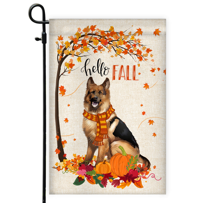 Hello Fall German Shepherd Dog Flag Maple Leaves Orange Pumpkin Autumn Garden Flag mockup 1 800x.jpg
