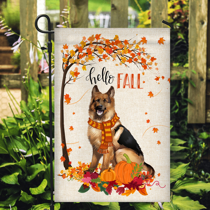 Hello Fall German Shepherd Dog Flag Maple Leaves Orange Pumpkin Autumn Garden Flag mockup 2 800x.jpg