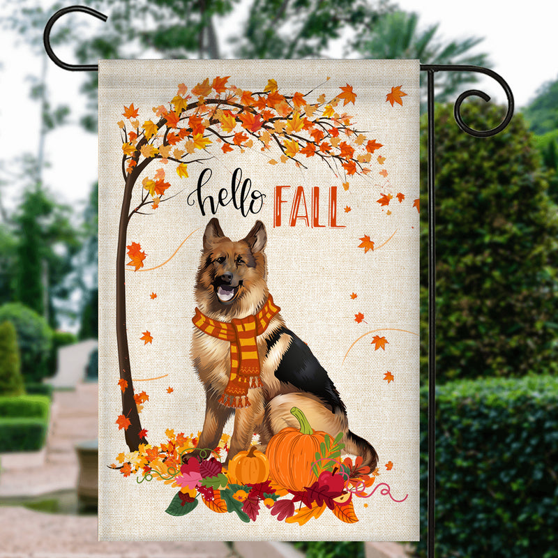 Hello Fall German Shepherd Dog Flag Maple Leaves Orange Pumpkin Autumn Garden Flag mockup 3 800x.jpg