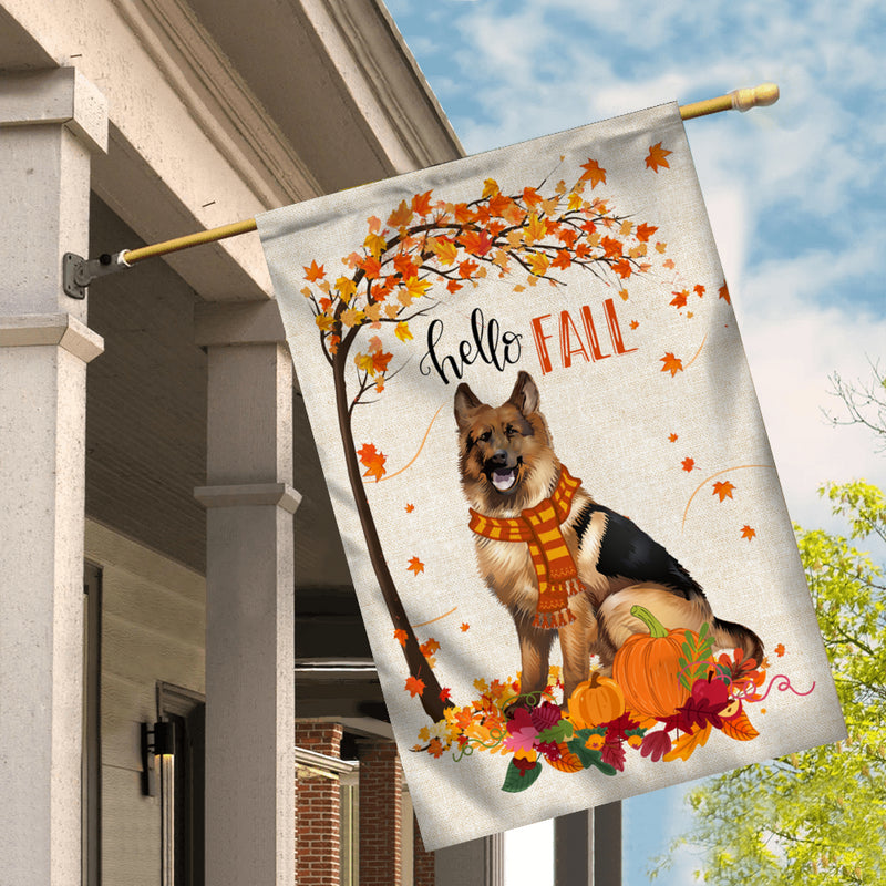 Hello Fall German Shepherd Dog Flag Maple Leaves Orange Pumpkin Autumn House Flag mockup 2 800x.jpg