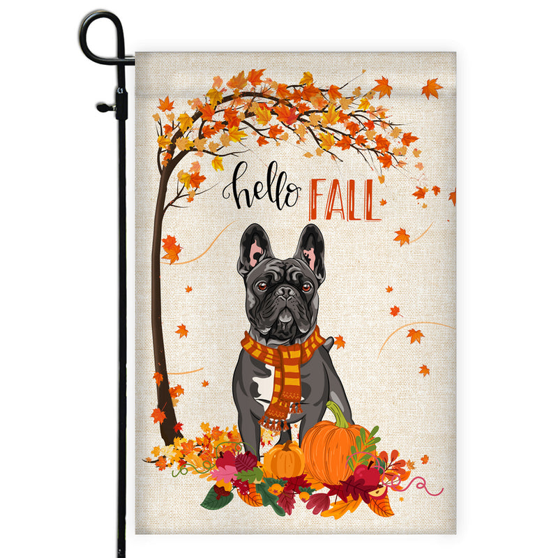 Hello Fall French Bulldog Dog Flag Maple Leaves Orange Pumpkin Autumn Garden Flag mockup 1 800x.jpg