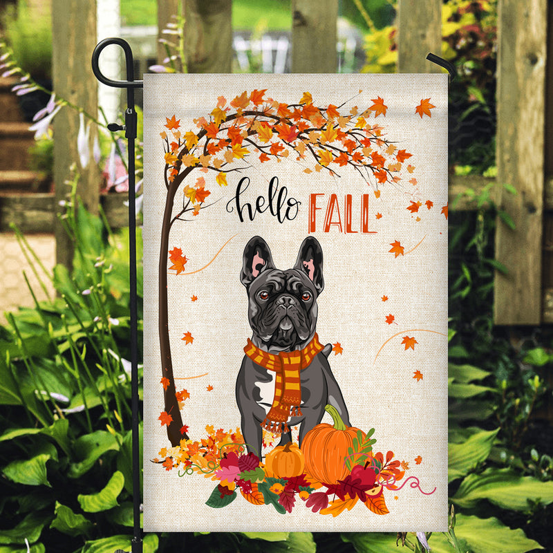 Hello Fall French Bulldog Dog Flag Maple Leaves Orange Pumpkin Autumn Garden Flag mockup 2 800x.jpg