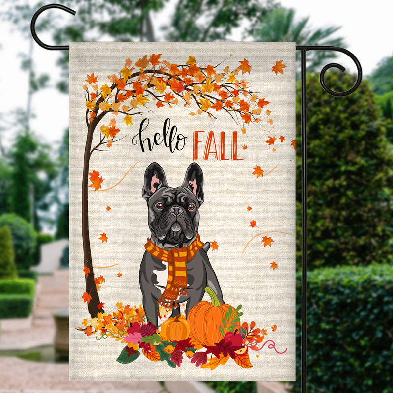 Hello Fall French Bulldog Dog Flag Maple Leaves Orange Pumpkin Autumn Garden Flag mockup 3 800x.jpg