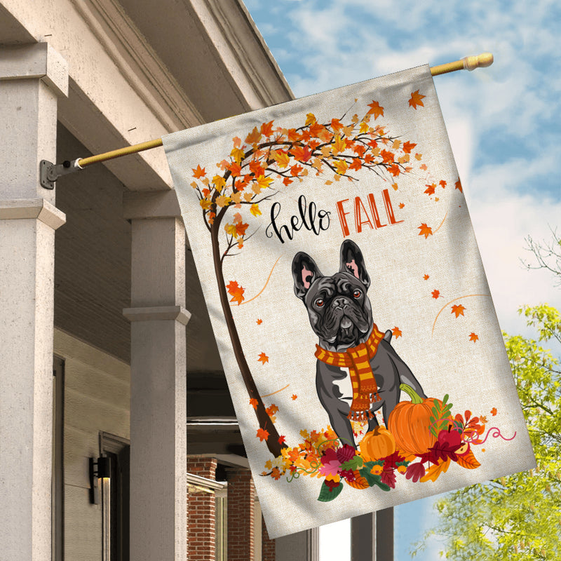 Hello Fall French Bulldog Dog Flag Maple Leaves Orange Pumpkin Autumn House Flag mockup 2 800x.jpg
