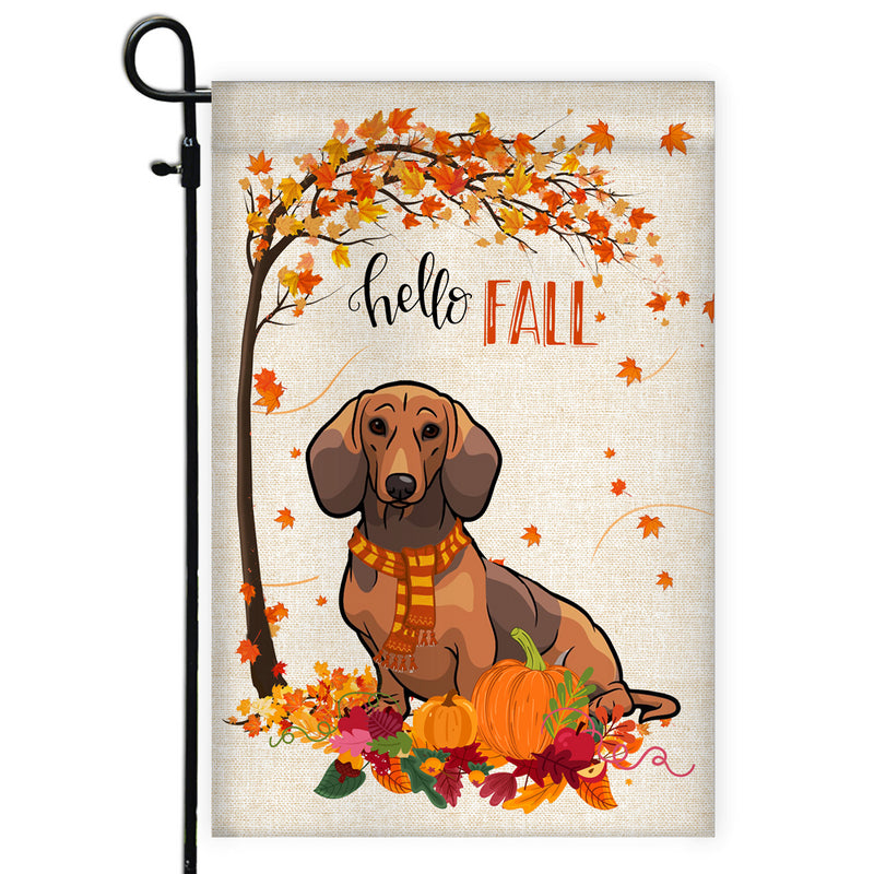 Hello Fall Dachshund Dog Flag Maple Leaves Orange Pumpkin Autumn Garden Flag mockup 1 800x.jpg