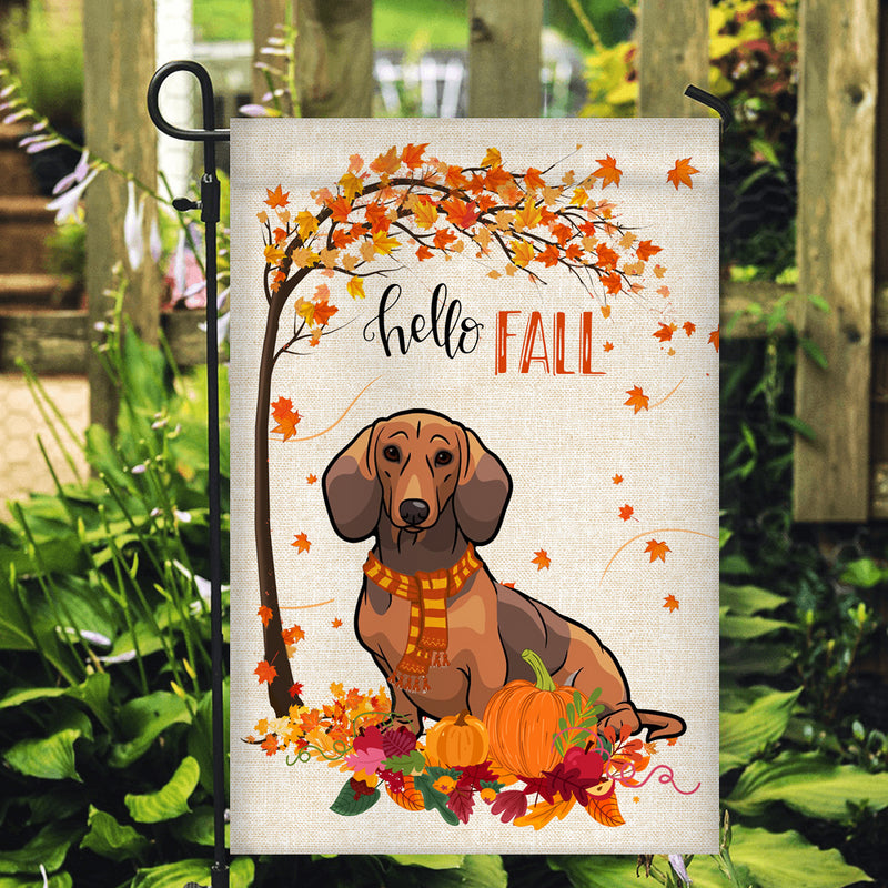 Hello Fall Dachshund Dog Flag Maple Leaves Orange Pumpkin Autumn Garden Flag mockup 2 800x.jpg